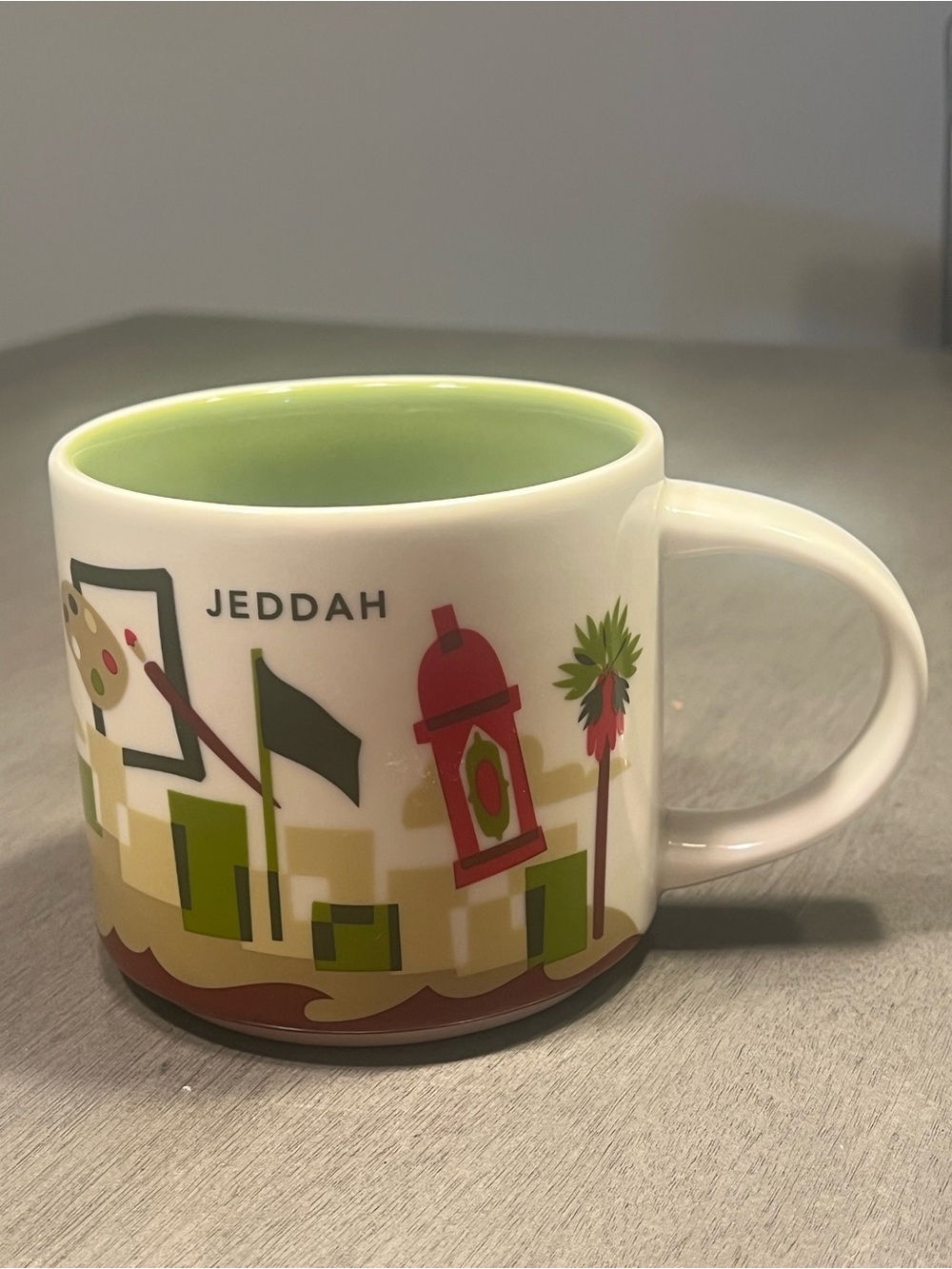 Starbucks Jeddah Ceramic Mug - Green Interior with Red & Olive Accents